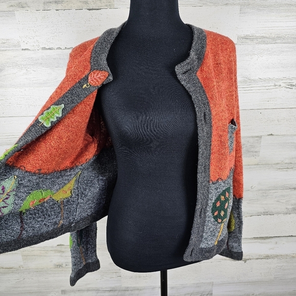 VTG In Stitches Wool Blend Cardigan Sweater Sz Medium Orange Embroidered Whimsy - Picture 10 of 15